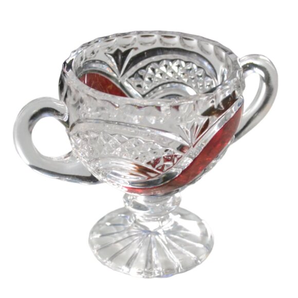 Vintage Clear Glass With Red Flash Sugar Bowl And Creamer Engravable Tableware - Picture 7 of 8